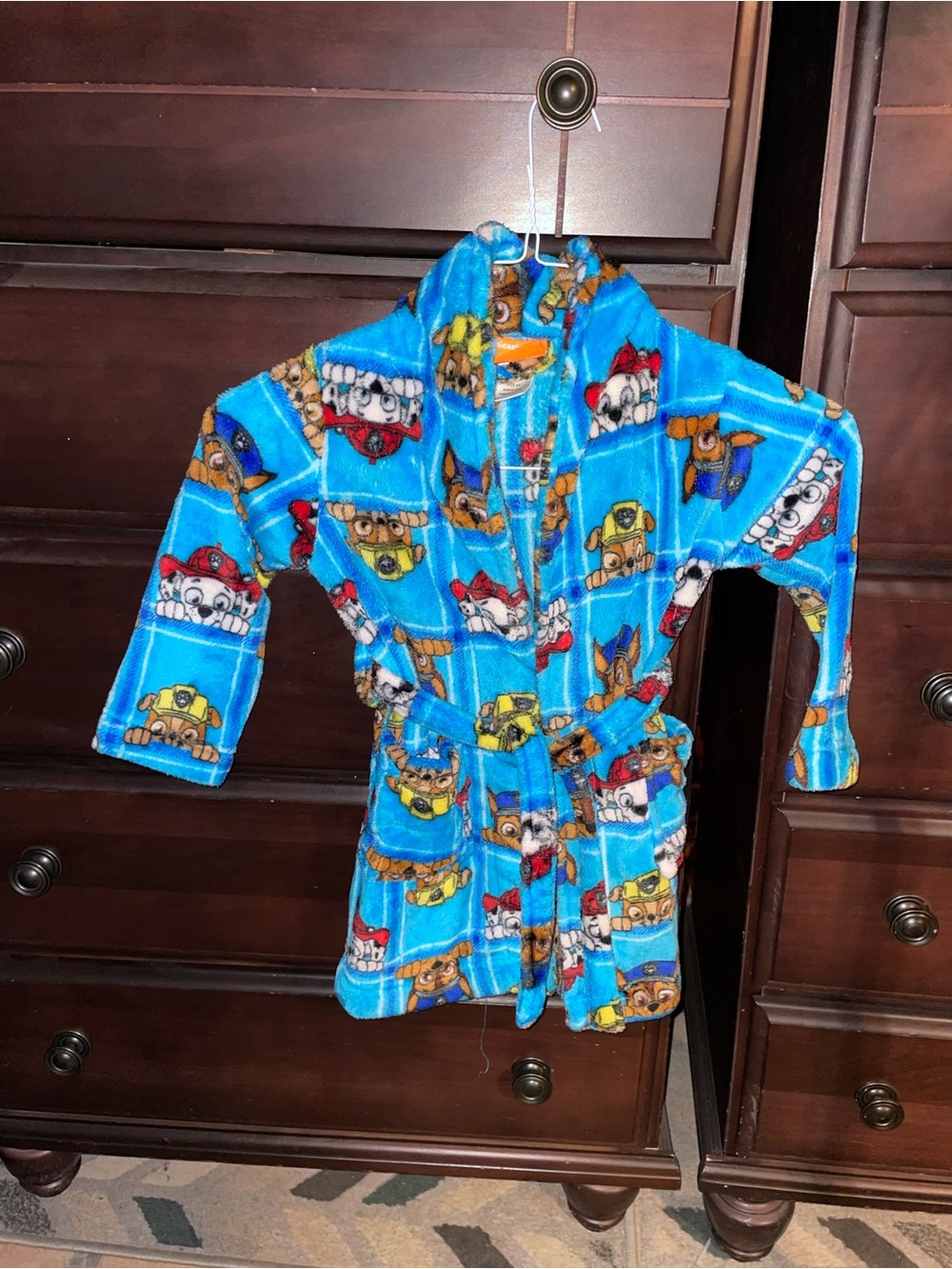 Blue Paw Patrol Kids Plush Hooded Robe with Fire Rescue Print. Size 4T